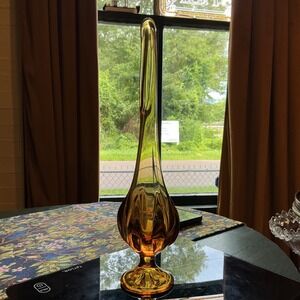 Vintage MCM Viking Glass Six Petal Swung 12" Vase Amber Art Glass